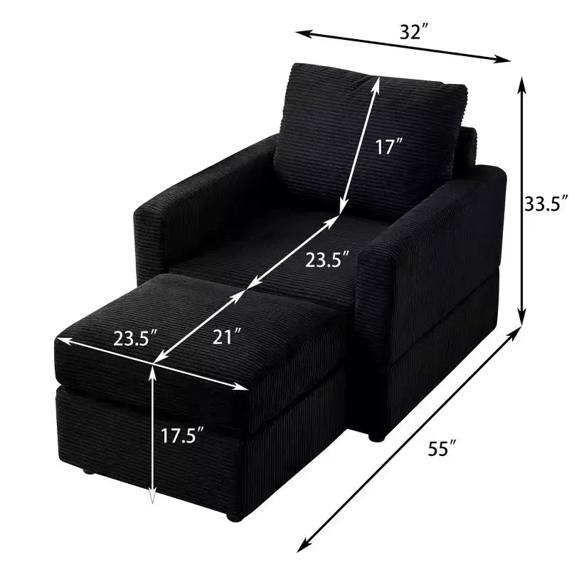Poltrona d'accento in velluto a coste con pouf – Beige / Nero / Verde / Grigio / Giallo – Set da 1 posto, 2 pezzi
