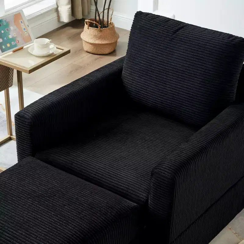 Poltrona d'accento in velluto a coste con pouf – Beige / Nero / Verde / Grigio / Giallo – Set da 1 posto, 2 pezzi