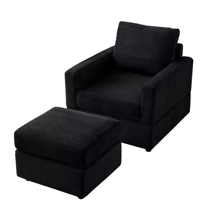 Poltrona d'accento in velluto a coste con pouf – Beige / Nero / Verde / Grigio / Giallo – Set da 1 posto, 2 pezzi