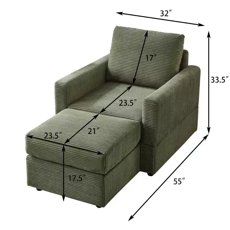 Poltrona d'accento in velluto a coste con pouf – Beige / Nero / Verde / Grigio / Giallo – Set da 1 posto, 2 pezzi