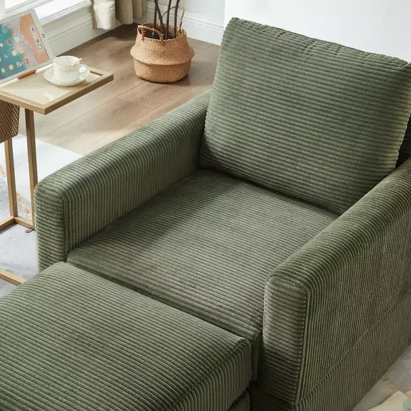 Poltrona d'accento in velluto a coste con pouf – Beige / Nero / Verde / Grigio / Giallo – Set da 1 posto, 2 pezzi
