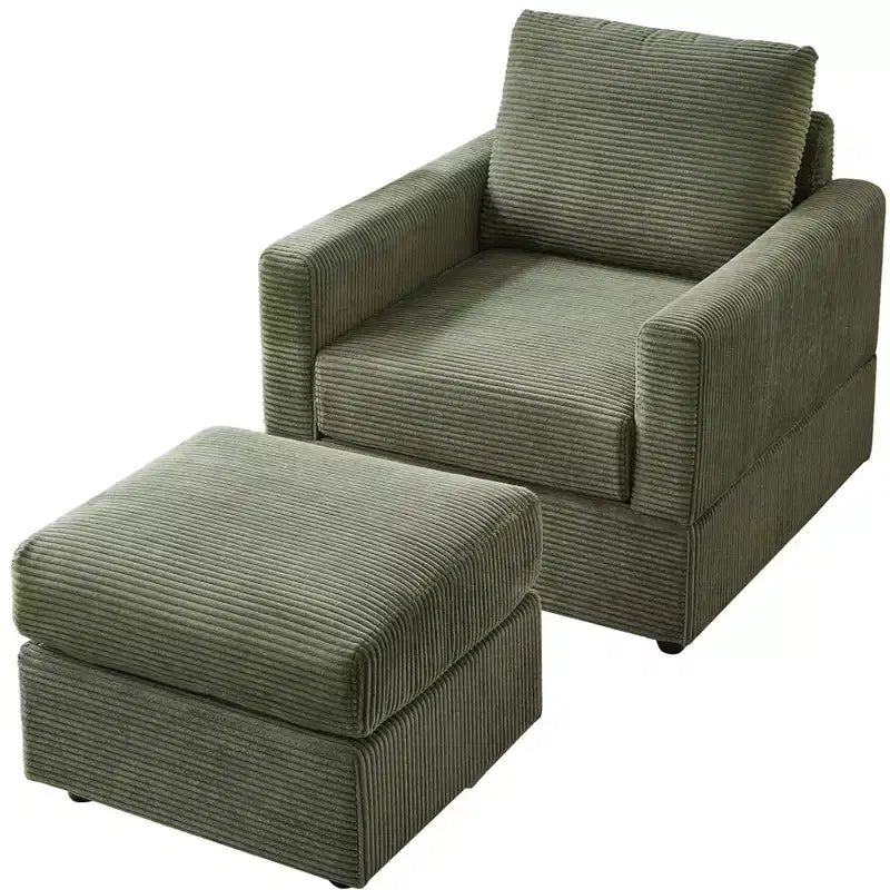 Poltrona d'accento in velluto a coste con pouf – Beige / Nero / Verde / Grigio / Giallo – Set da 1 posto, 2 pezzi