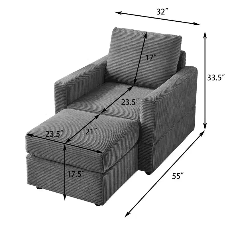 Poltrona d'accento in velluto a coste con pouf – Beige / Nero / Verde / Grigio / Giallo – Set da 1 posto, 2 pezzi