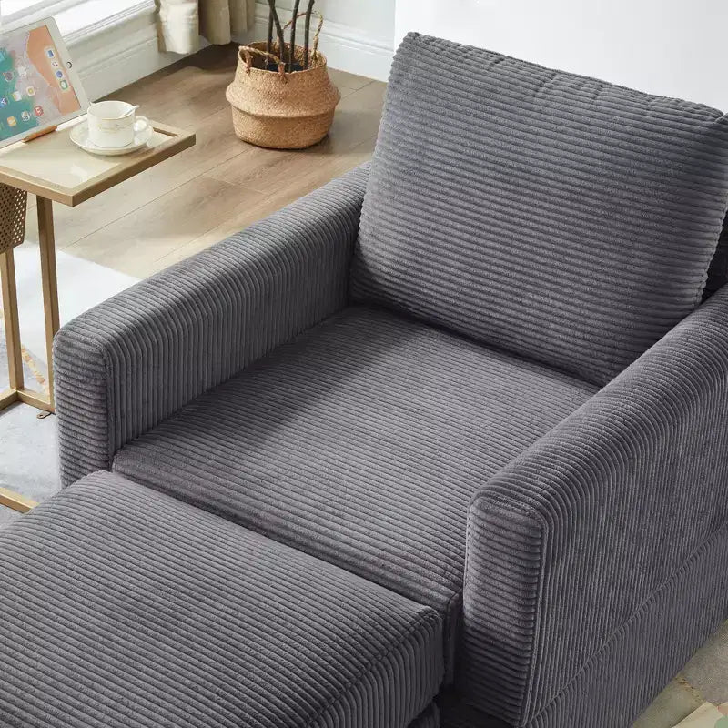 Poltrona d'accento in velluto a coste con pouf – Beige / Nero / Verde / Grigio / Giallo – Set da 1 posto, 2 pezzi