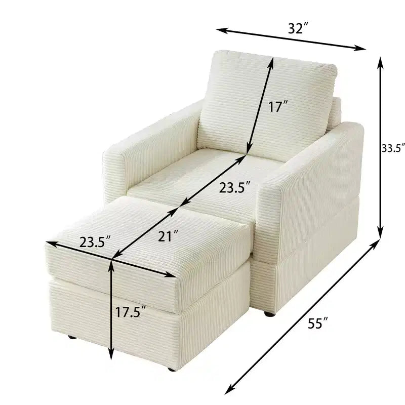Poltrona d'accento in velluto a coste con pouf – Beige / Nero / Verde / Grigio / Giallo – Set da 1 posto, 2 pezzi