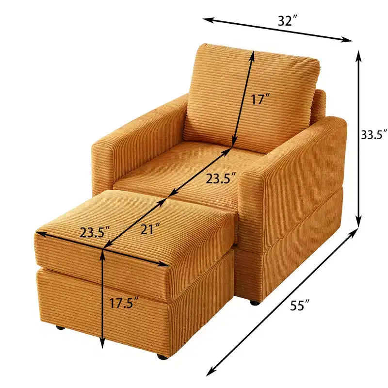 Poltrona d'accento in velluto a coste con pouf – Beige / Nero / Verde / Grigio / Giallo – Set da 1 posto, 2 pezzi