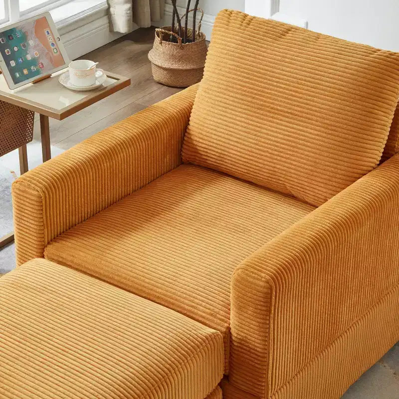 Poltrona d'accento in velluto a coste con pouf – Beige / Nero / Verde / Grigio / Giallo – Set da 1 posto, 2 pezzi