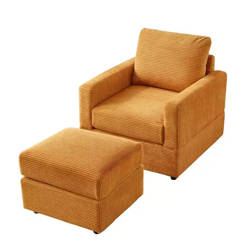 Poltrona d'accento in velluto a coste con pouf – Beige / Nero / Verde / Grigio / Giallo – Set da 1 posto, 2 pezzi