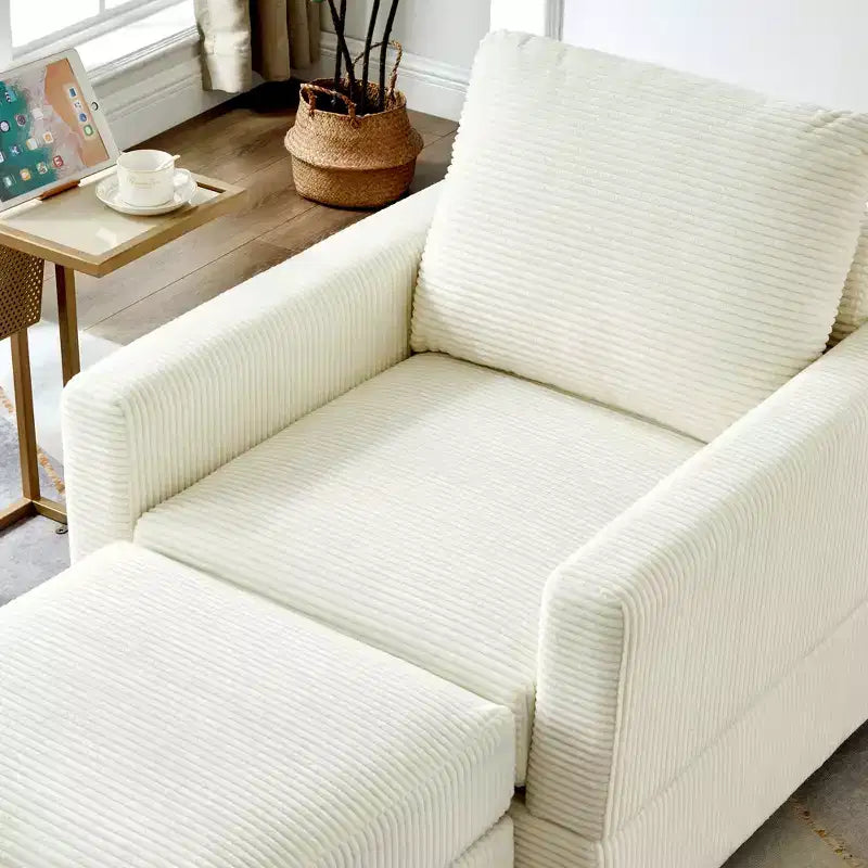 Poltrona d'accento in velluto a coste con pouf – Beige / Nero / Verde / Grigio / Giallo – Set da 1 posto, 2 pezzi