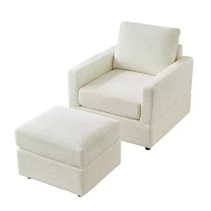 Poltrona d'accento in velluto a coste con pouf – Beige / Nero / Verde / Grigio / Giallo – Set da 1 posto, 2 pezzi