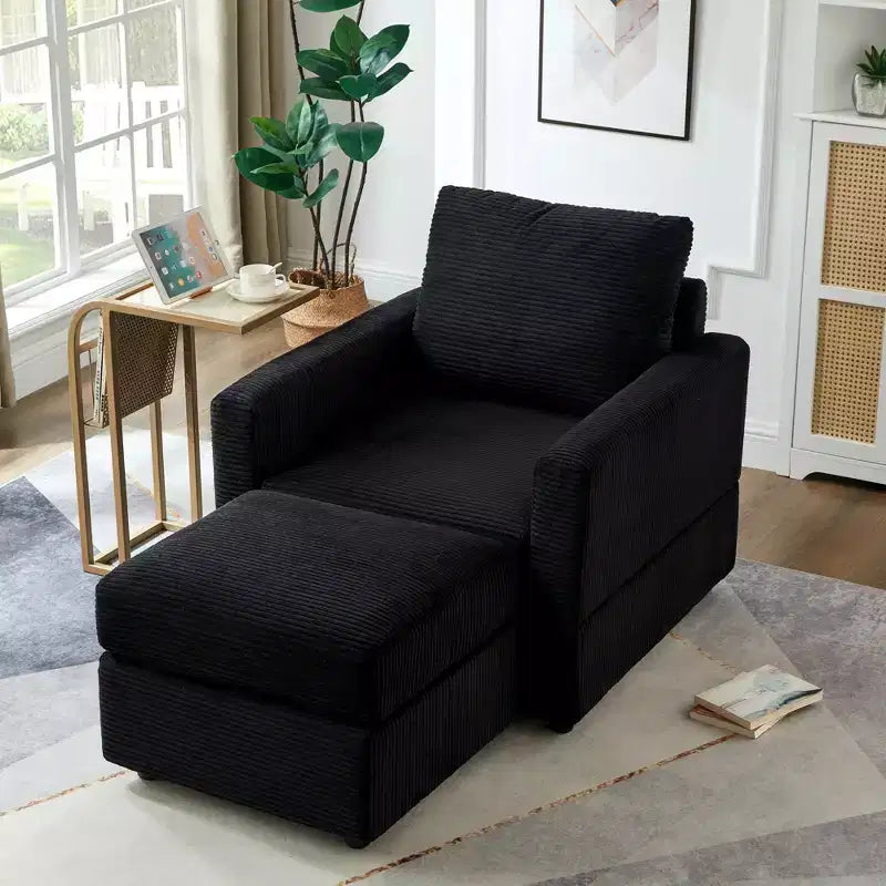 Poltrona d'accento in velluto a coste con pouf – Beige / Nero / Verde / Grigio / Giallo – Set da 1 posto, 2 pezzi