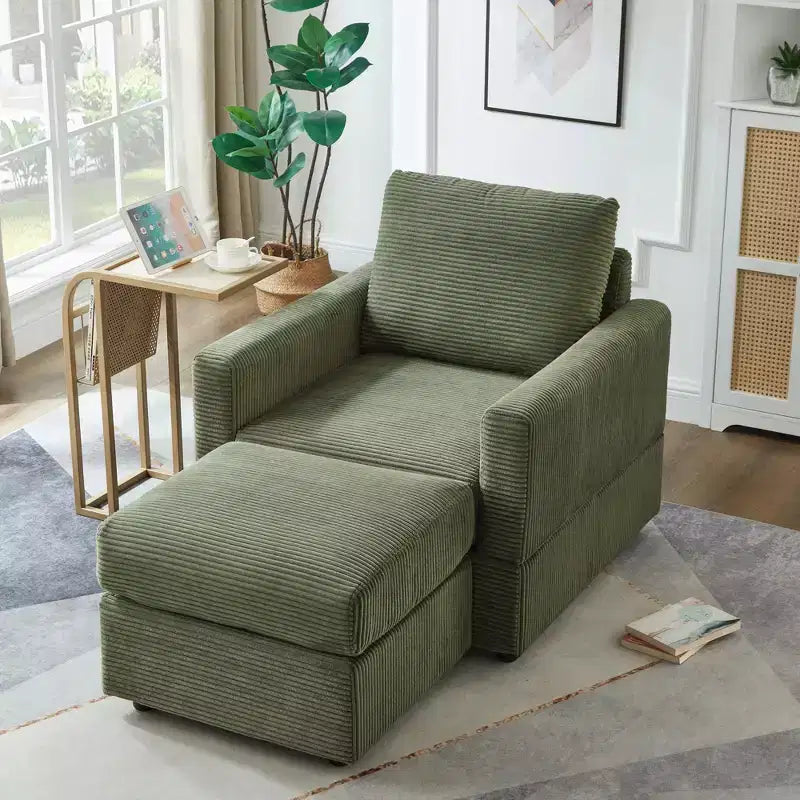 Poltrona d'accento in velluto a coste con pouf – Beige / Nero / Verde / Grigio / Giallo – Set da 1 posto, 2 pezzi