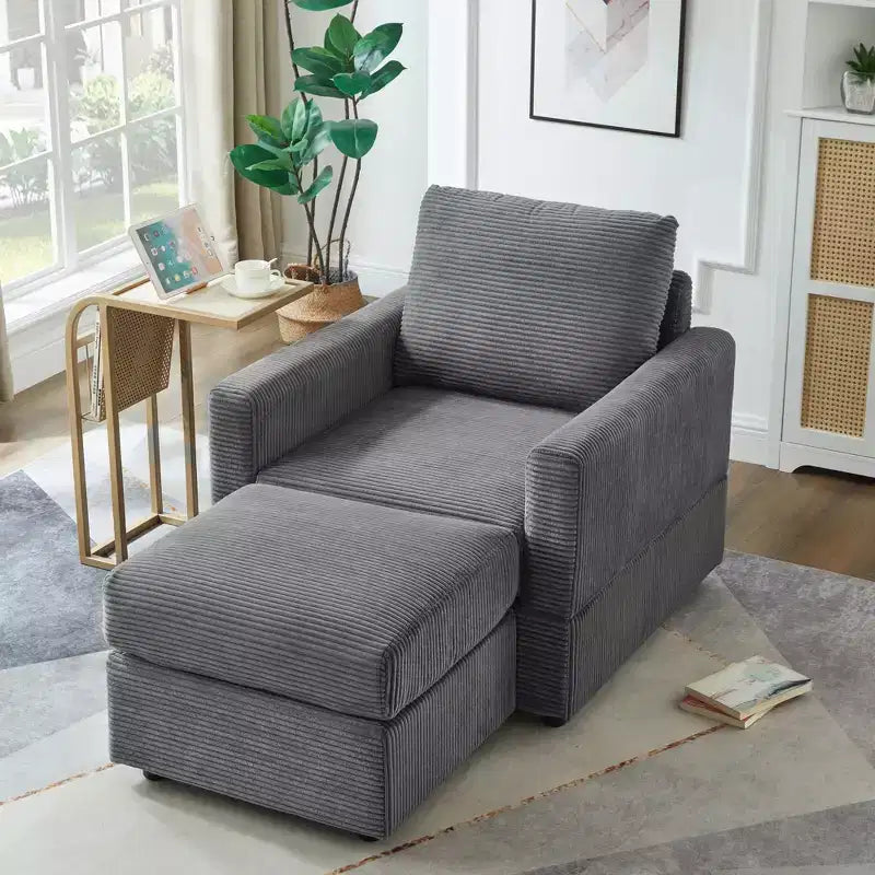 Poltrona d'accento in velluto a coste con pouf – Beige / Nero / Verde / Grigio / Giallo – Set da 1 posto, 2 pezzi