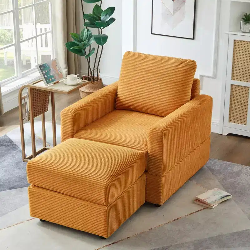 Poltrona d'accento in velluto a coste con pouf – Beige / Nero / Verde / Grigio / Giallo – Set da 1 posto, 2 pezzi