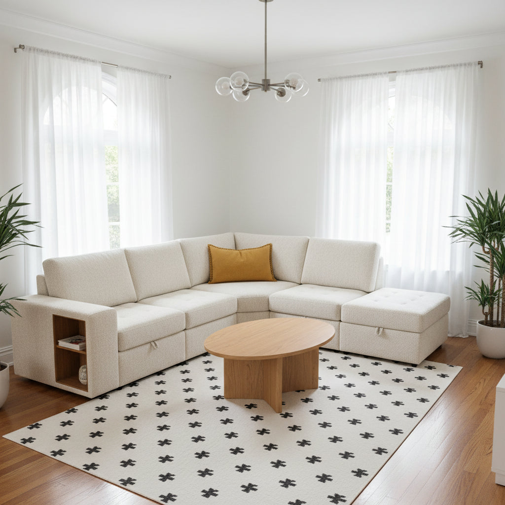 L-shaped Padded Modular Sofa with Storage Space, USB Ports, and Cup Holders on the Armrests, Suitable for Living Rooms, Offices, and Apartments.