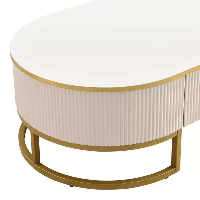 Tavolino da Caffè Ovale Bianco e Oro con Cassetti, Gambe in Metallo Dorato — 1 Pezzo