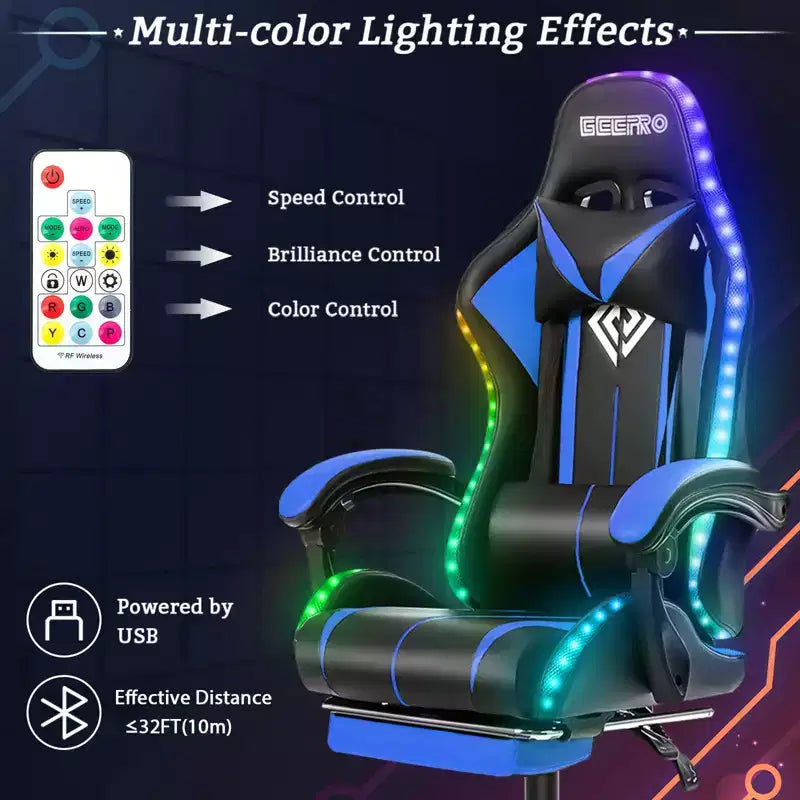 Sedia Gaming Racing Blu e Nera con Luce RGB e Poggiapiedi, per 1