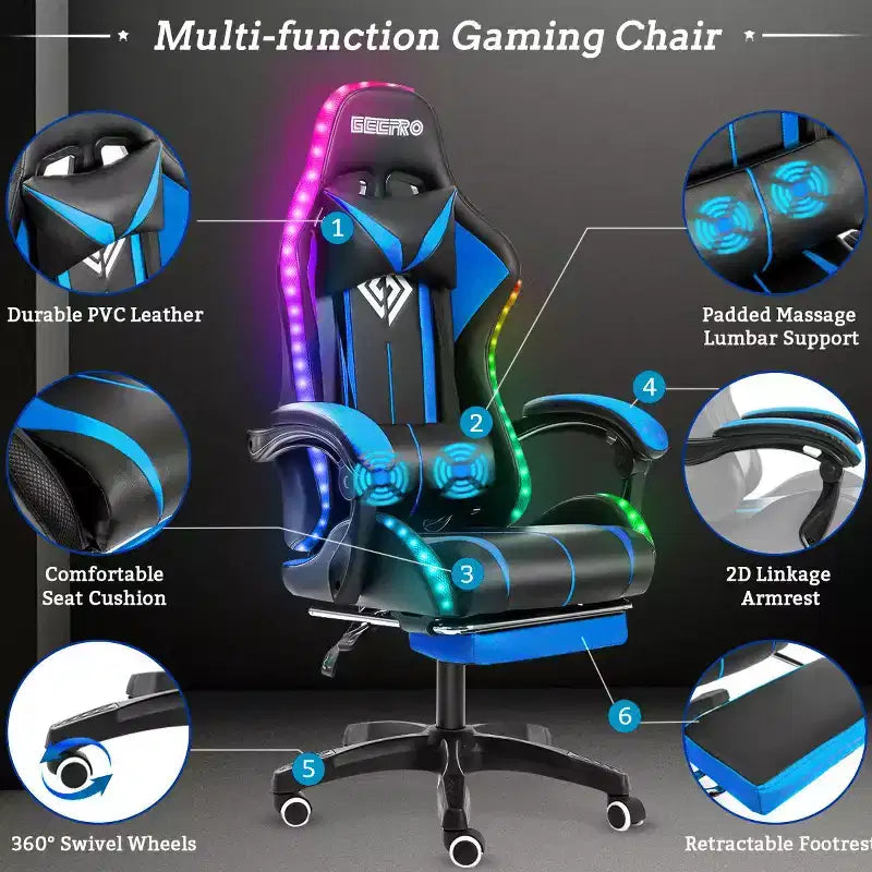 Sedia Gaming Racing Blu e Nera con Luce RGB e Poggiapiedi, per 1