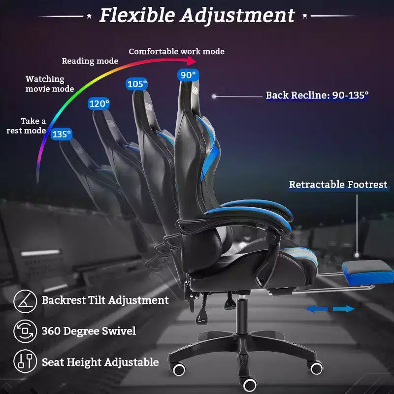 Sedia Gaming Racing Blu e Nera con Luce RGB e Poggiapiedi, per 1