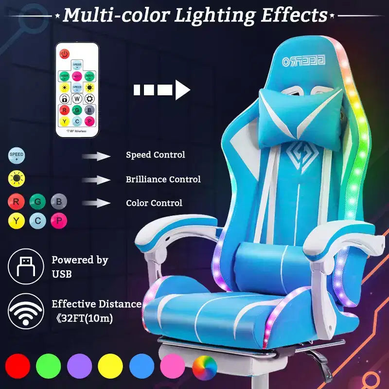Sedia Gaming Racing Blu e Nera con Luce RGB e Poggiapiedi, per 1