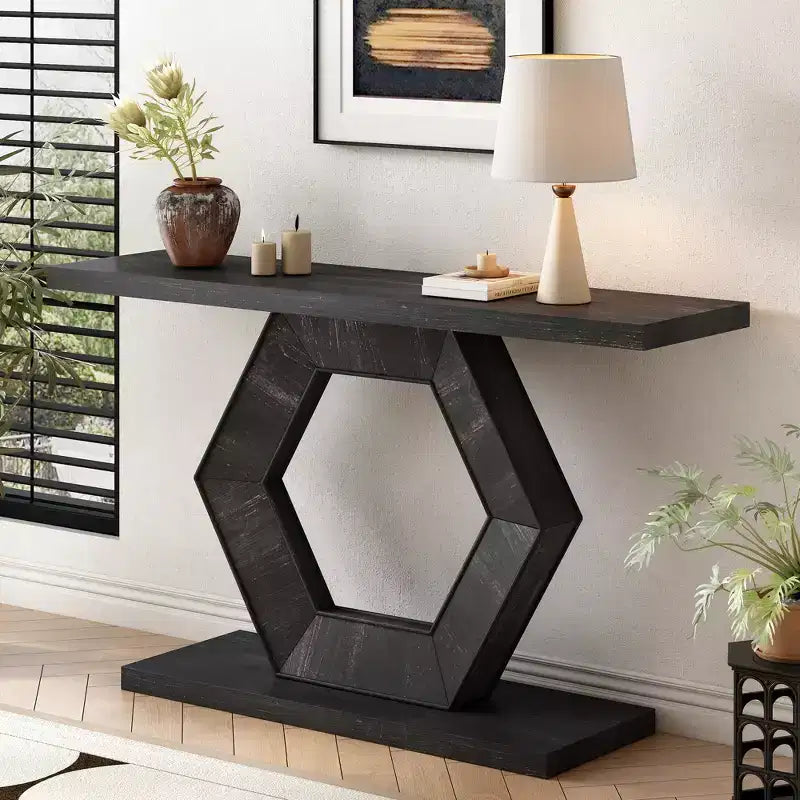 Modern Entryway Console Table with Hollow Hexagon Base, MDF & Fir Veneer Accent Table for Hallway, Entryway and Living Room - ModernLuxe