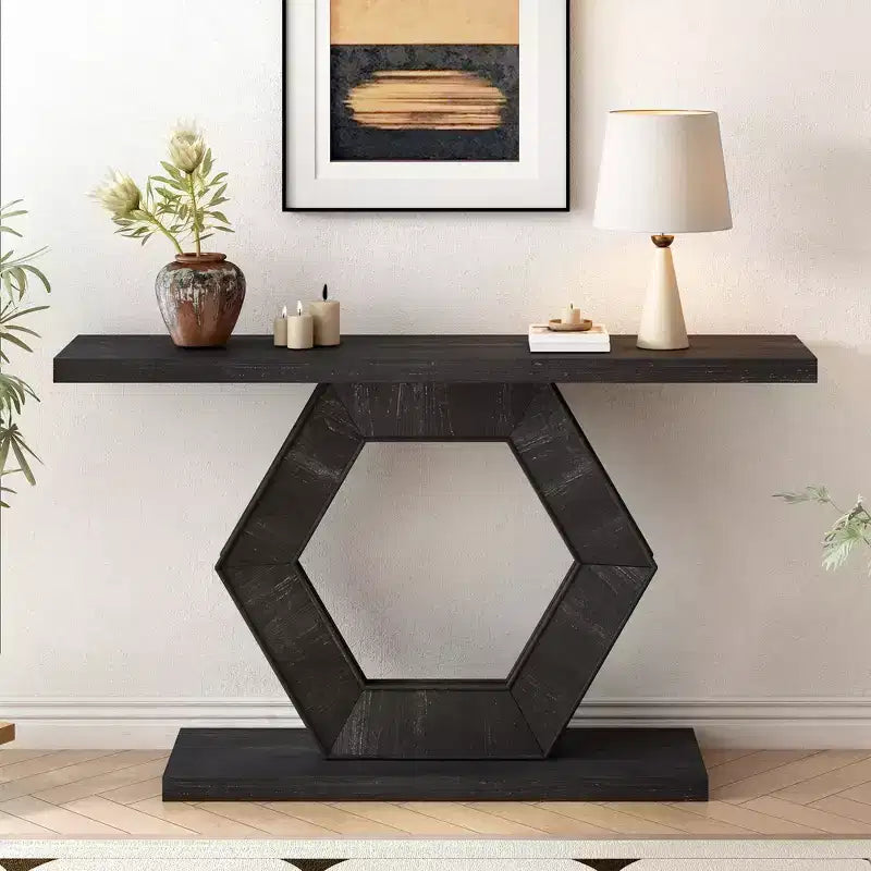 Consolle Nera con Base Esagonale Vuota, MDF e Impiallacciatura di Abete, 1 Pezzo, 140 cm L
