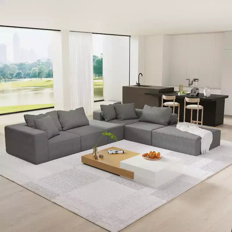 Divano componibile a L nero/grigio, set da 6 posti