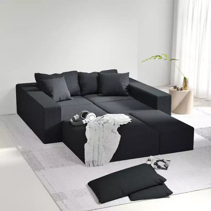 Divano componibile a L nero/grigio, set da 6 posti