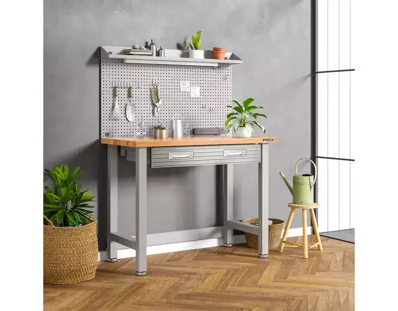 Banco da Lavoro Illuminato con Piano in Legno e Pannello Forato – Granito / Grafite / Rosso / Bianco