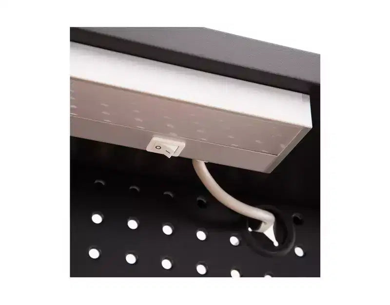 Banco da Lavoro Illuminato con Piano in Legno e Pannello Forato – Granito / Grafite / Rosso / Bianco