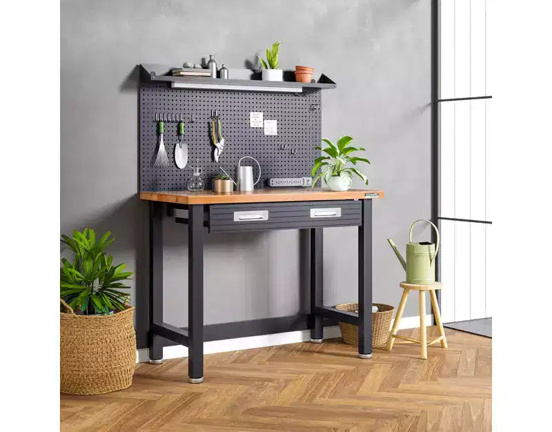 Banco da Lavoro Illuminato con Piano in Legno e Pannello Forato – Granito / Grafite / Rosso / Bianco