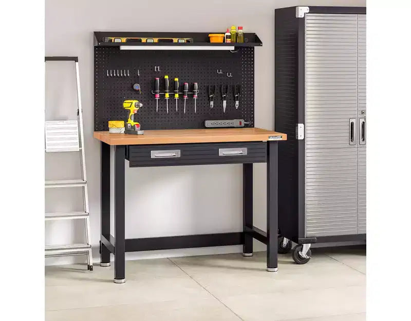 Banco da Lavoro Illuminato con Piano in Legno e Pannello Forato – Granito / Grafite / Rosso / Bianco