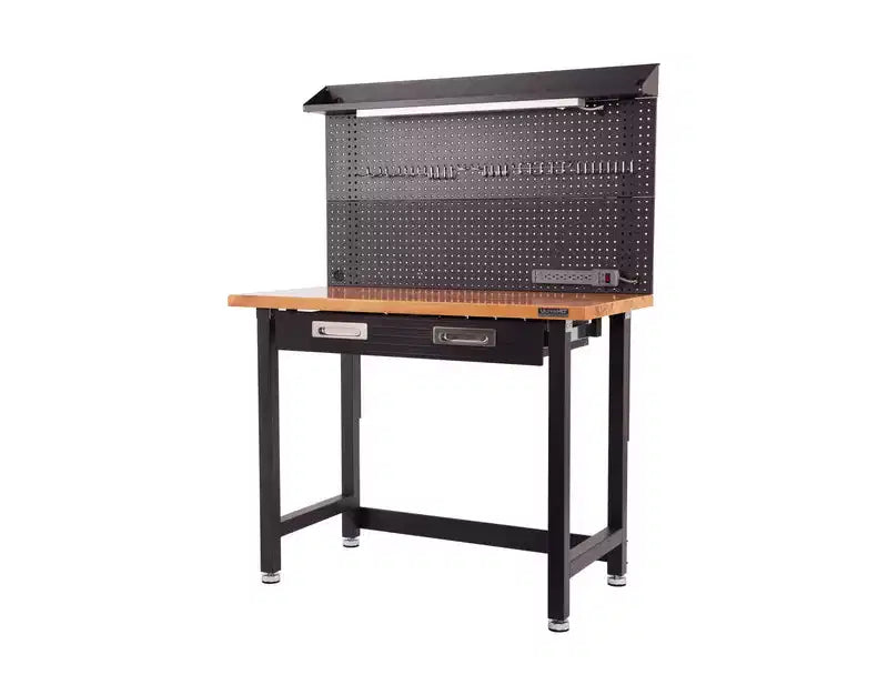 Banco da Lavoro Illuminato con Piano in Legno e Pannello Forato – Granito / Grafite / Rosso / Bianco