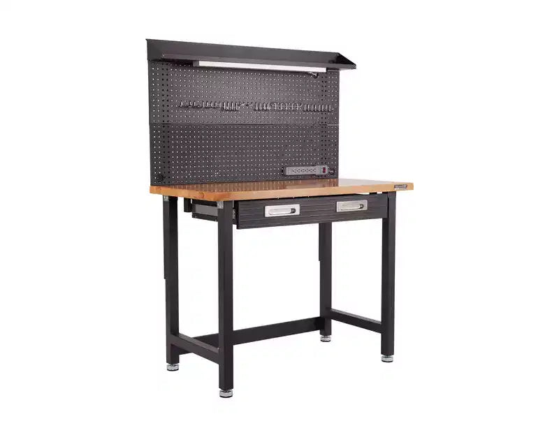 Banco da Lavoro Illuminato con Piano in Legno e Pannello Forato – Granito / Grafite / Rosso / Bianco