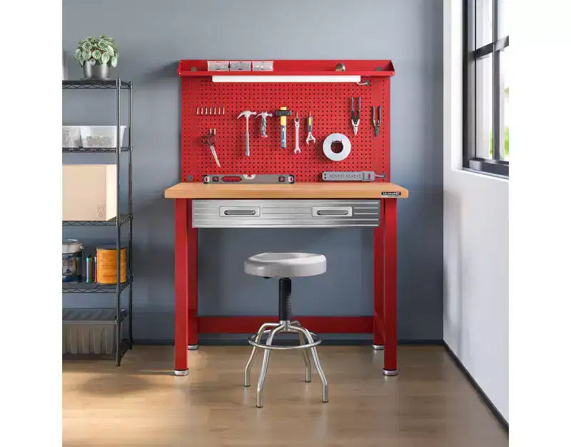 Banco da Lavoro Illuminato con Piano in Legno e Pannello Forato – Granito / Grafite / Rosso / Bianco