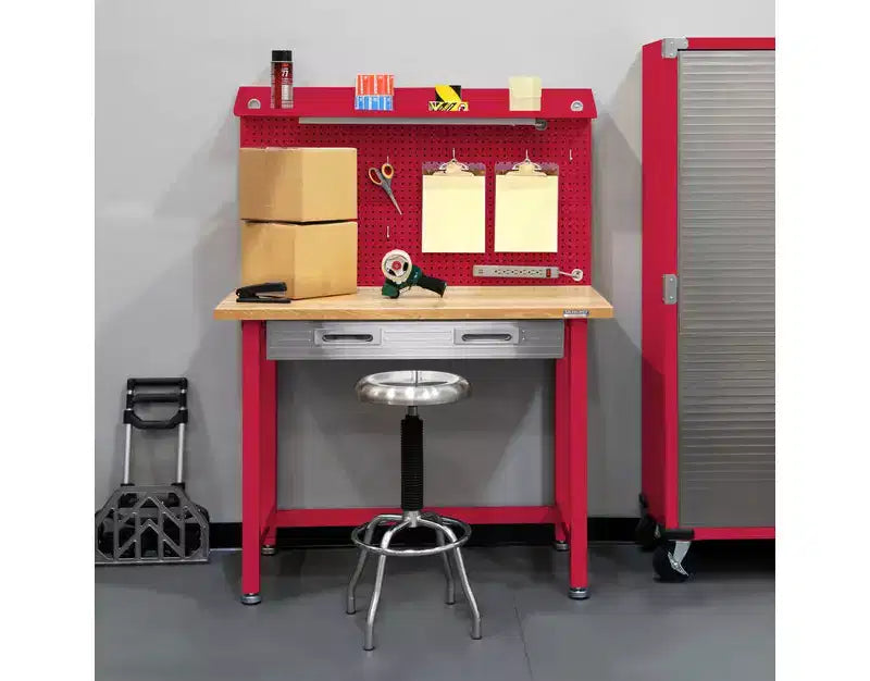 Banco da Lavoro Illuminato con Piano in Legno e Pannello Forato – Granito / Grafite / Rosso / Bianco