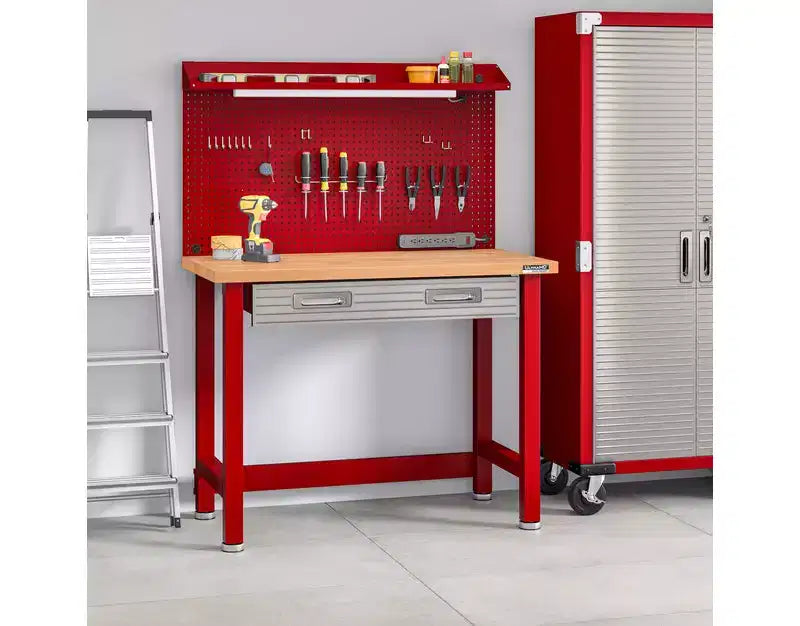 Banco da Lavoro Illuminato con Piano in Legno e Pannello Forato – Granito / Grafite / Rosso / Bianco