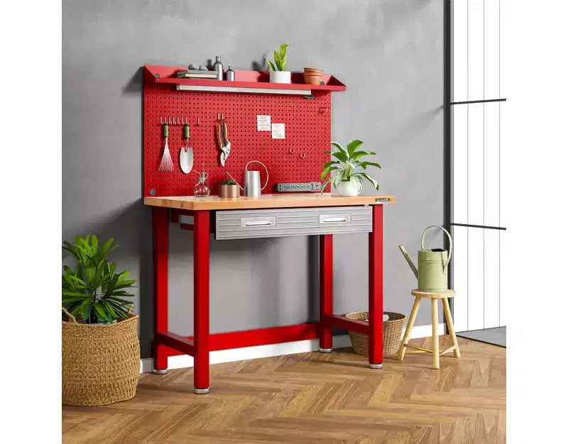 Banco da Lavoro Illuminato con Piano in Legno e Pannello Forato – Granito / Grafite / Rosso / Bianco