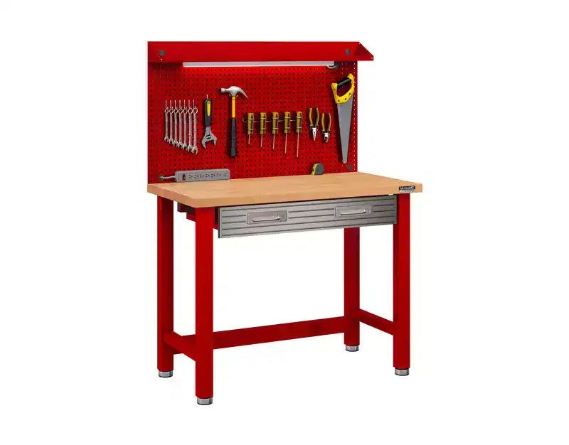 Banco da Lavoro Illuminato con Piano in Legno e Pannello Forato – Granito / Grafite / Rosso / Bianco