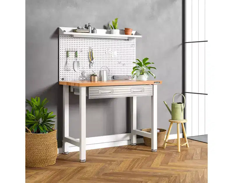 Banco da Lavoro Illuminato con Piano in Legno e Pannello Forato – Granito / Grafite / Rosso / Bianco