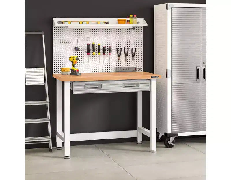 Banco da Lavoro Illuminato con Piano in Legno e Pannello Forato – Granito / Grafite / Rosso / Bianco