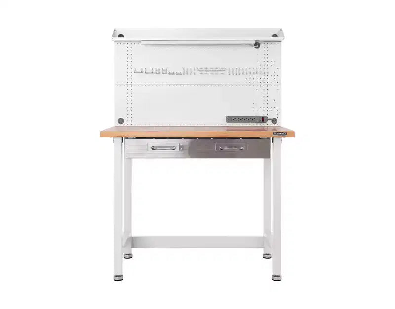 Banco da Lavoro Illuminato con Piano in Legno e Pannello Forato – Granito / Grafite / Rosso / Bianco