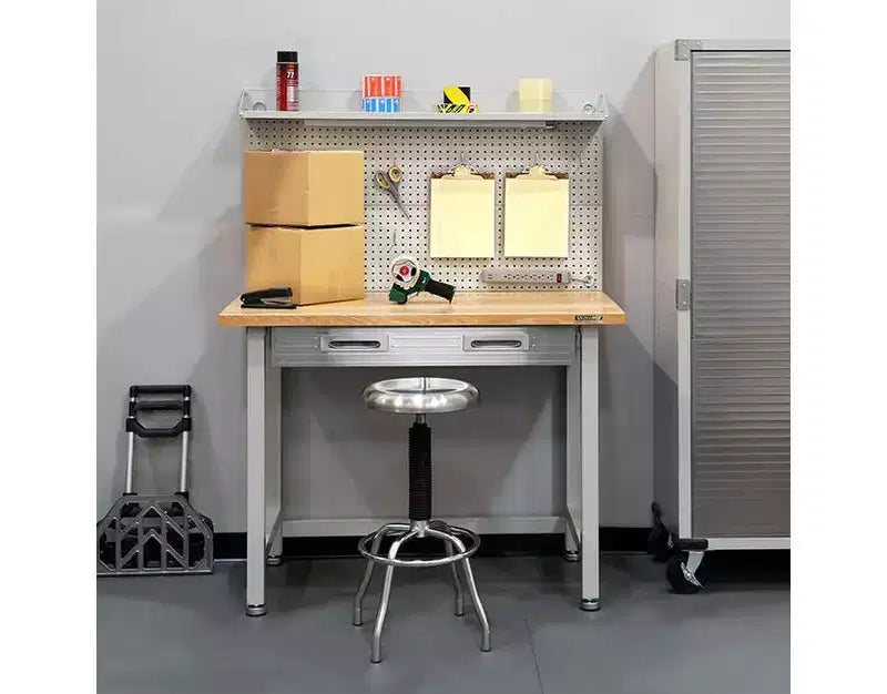 Banco da Lavoro Illuminato con Piano in Legno e Pannello Forato – Granito / Grafite / Rosso / Bianco