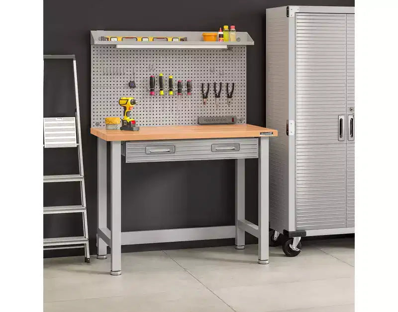 Banco da Lavoro Illuminato con Piano in Legno e Pannello Forato – Granito / Grafite / Rosso / Bianco