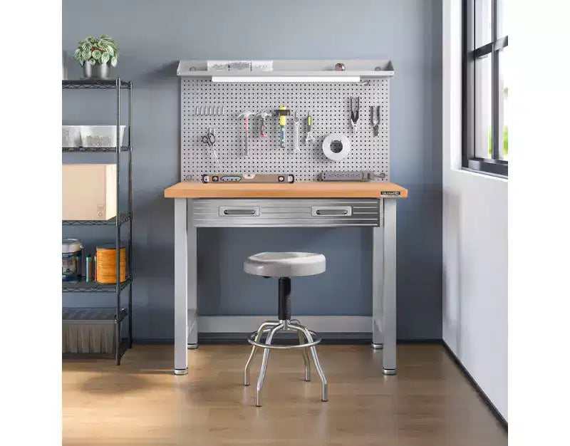 Banco da Lavoro Illuminato con Piano in Legno e Pannello Forato – Granito / Grafite / Rosso / Bianco