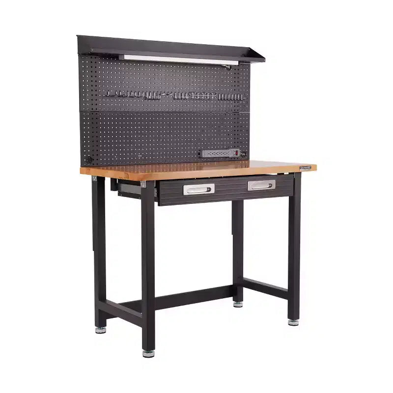 Banco da Lavoro Illuminato con Piano in Legno e Pannello Forato – Granito / Grafite / Rosso / Bianco