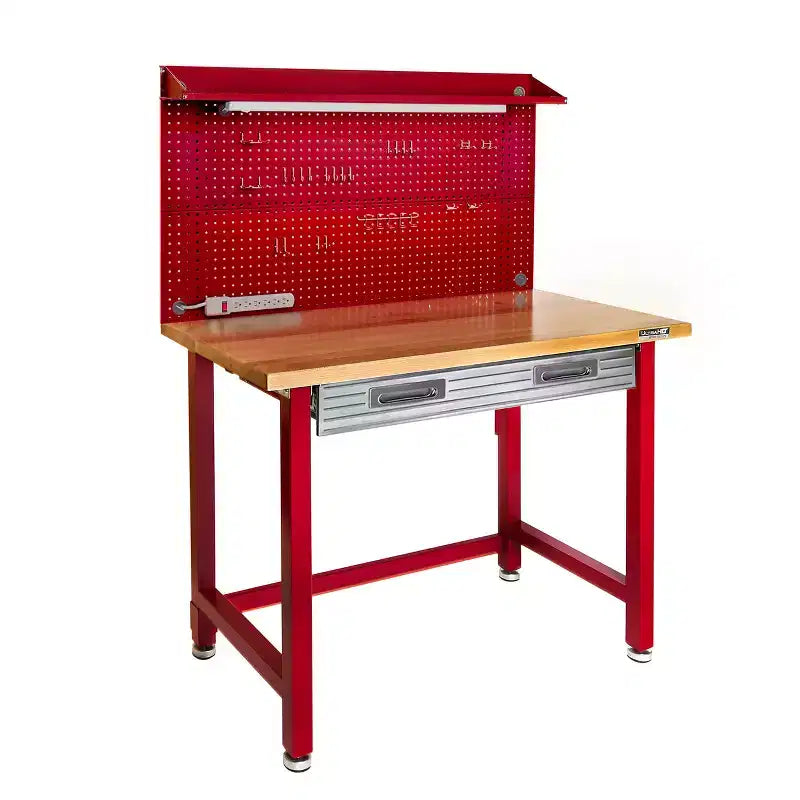 Banco da Lavoro Illuminato con Piano in Legno e Pannello Forato – Granito / Grafite / Rosso / Bianco