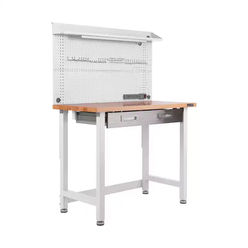 Banco da Lavoro Illuminato con Piano in Legno e Pannello Forato – Granito / Grafite / Rosso / Bianco