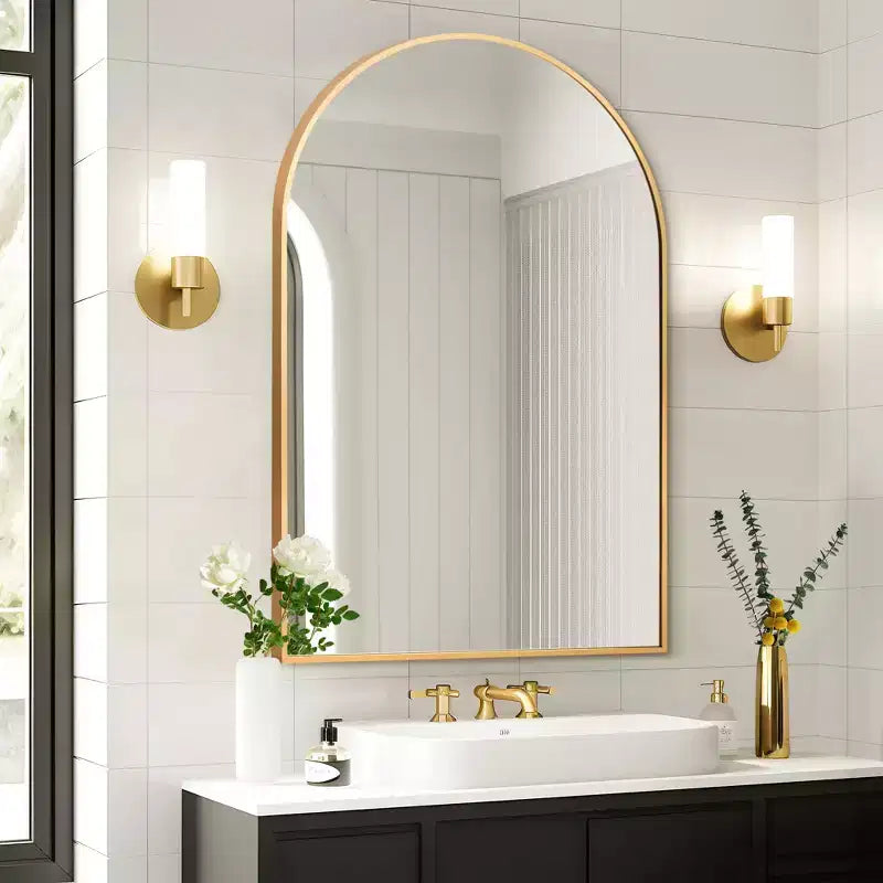 91cm Gold Aluminum Arched Mirror with Slim Frame and Right Angles, 2.8cm Depth