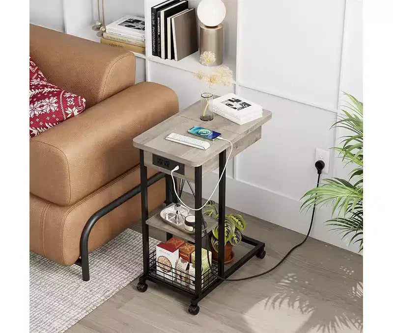 Tavolino a C marrone con stazione di ricarica e porte USB, 3 livelli, ruote bloccabili, per 1 persona